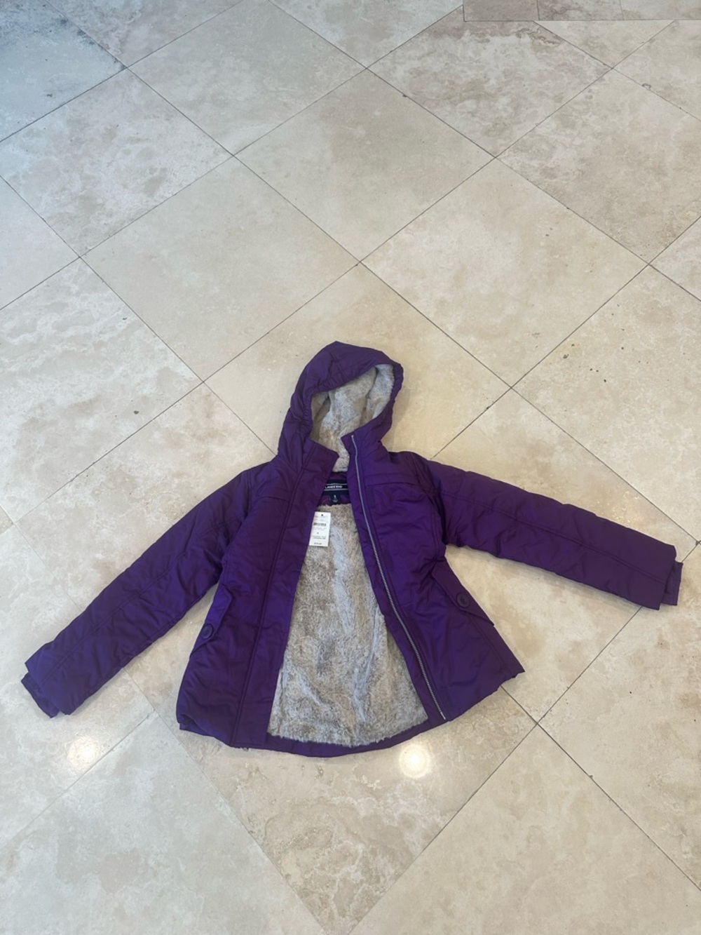 Lands' End Girls' Purple Hooded Puffer Coat with Faux-Fur Lining